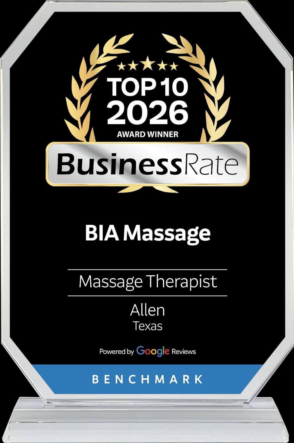 BusinessRate Top 10 2026 award for BIA Massage, Allen Texas